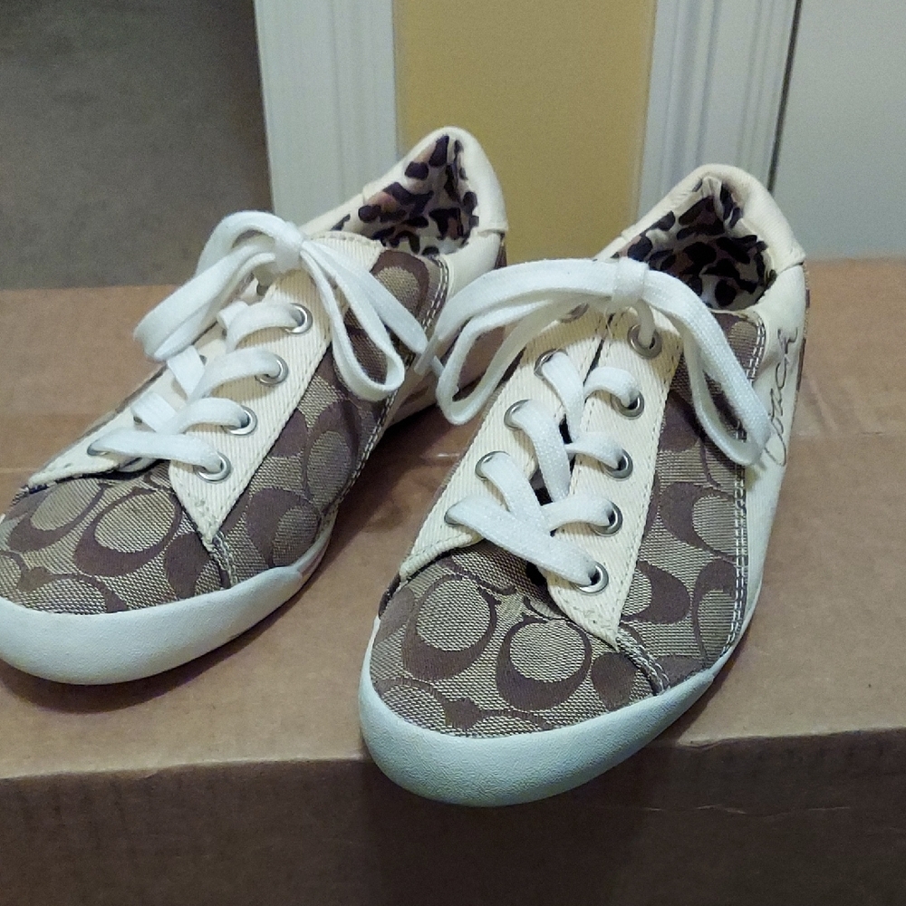 Coach Brown and Cream Canvas Sneakers